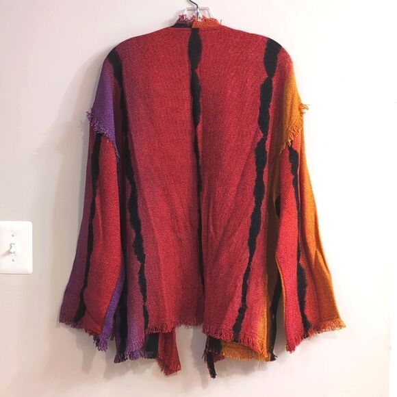 Dilemma Vintage Art To Wear Multicolor Burlap Rayon Fringed Open Cardigan - Picture 2 of 6